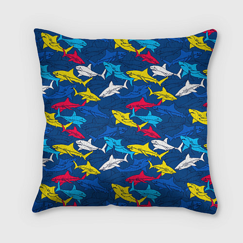 Подушка квадратная Разноцветные акулы на глубине / 3D-принт – фото 1