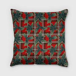 Подушка квадратная Листья остролиста на красной шотландке, цвет: 3D-принт