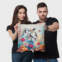 Подушка квадратная Мультяшный леопард в цветах, цвет: 3D-принт — фото 2