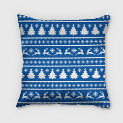 Подушка квадратная Синий свитер с новогодними оленями, цвет: 3D-принт