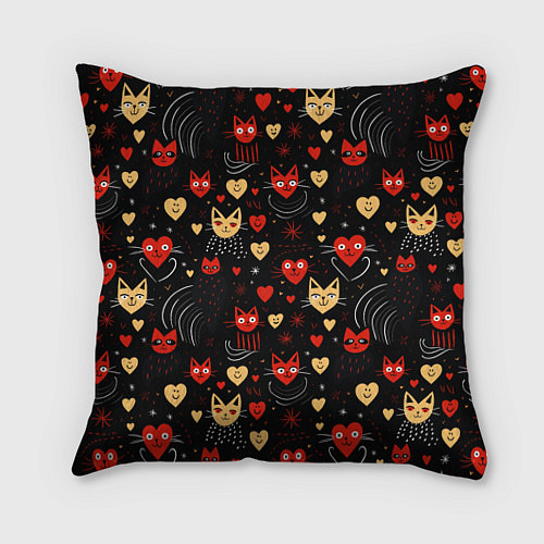 Подушка квадратная Паттерн с сердечками и котами валентинка / 3D-принт – фото 1