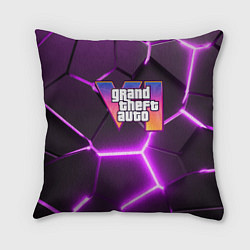Подушка квадратная GTA 6 лого на фоне разлома фиолетовых плит, цвет: 3D-принт