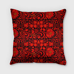 Подушка квадратная Хохломская роспись красные цветы и ягоды на чёрном, цвет: 3D-принт