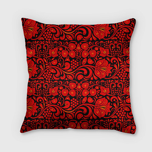 Подушка квадратная Хохломская роспись красные цветы и ягоды на чёрном / 3D-принт – фото 1