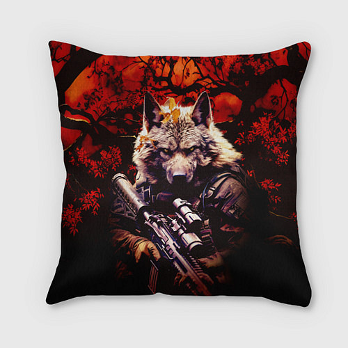 Подушка квадратная Волк солдат в красном лесу / 3D-принт – фото 1