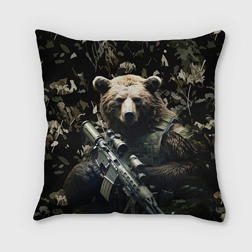 Подушка квадратная Медведь солдат с винтовкой / 3D-принт – фото 1