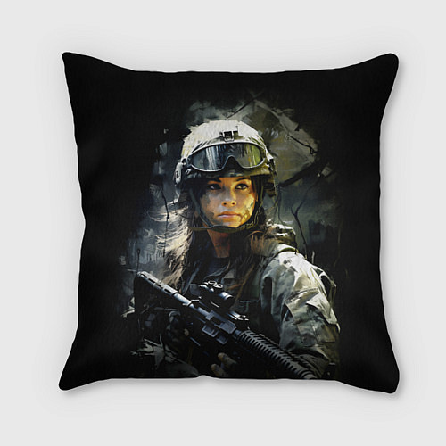 Подушка квадратная Девушка воин в боевой экипировке / 3D-принт – фото 1