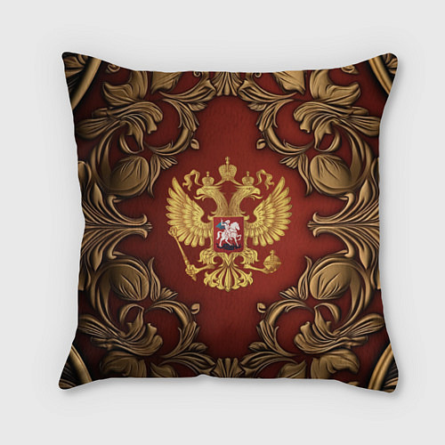 Подушка квадратная Золотой герб России на красном фоне лепнина / 3D-принт – фото 1