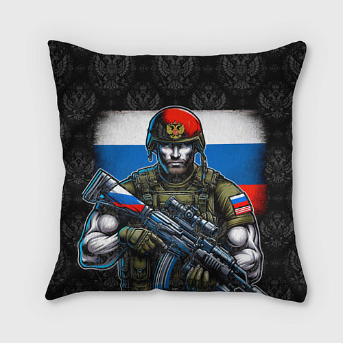 Подушка квадратная Русский солдат на фоне флага / 3D-принт – фото 1