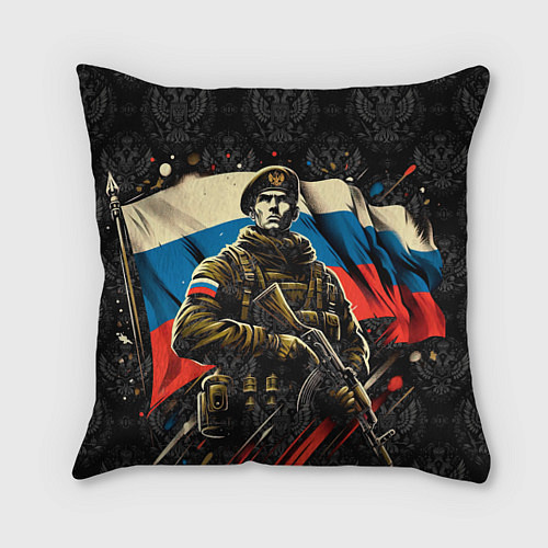 Подушка квадратная Русский солдат на фоне флага России / 3D-принт – фото 1