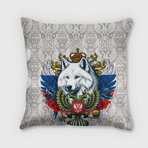 Подушка квадратная Белый русский волк и герб России / 3D-принт – фото 1