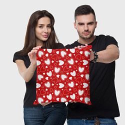 Подушка квадратная Паттерн белые сердечки на красном фоне, цвет: 3D-принт — фото 2