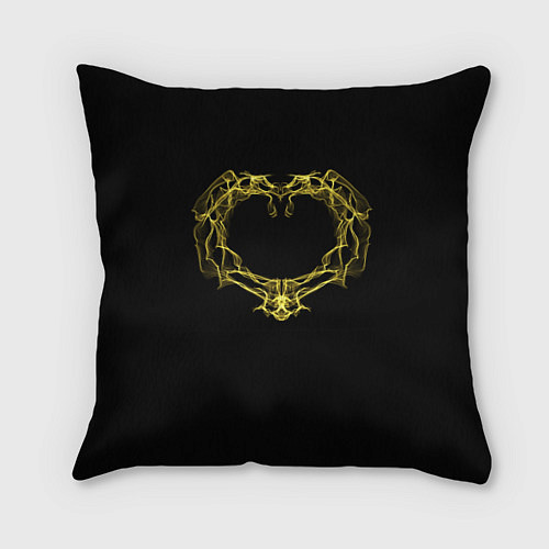 Подушка квадратная Сердце желтыми энергетическими линиями на черном / 3D-принт – фото 1