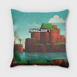 Подушка квадратная Minecraft logo горы и озеро