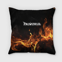 Подушка квадратная Palworld логотип на черном фоне с огнем