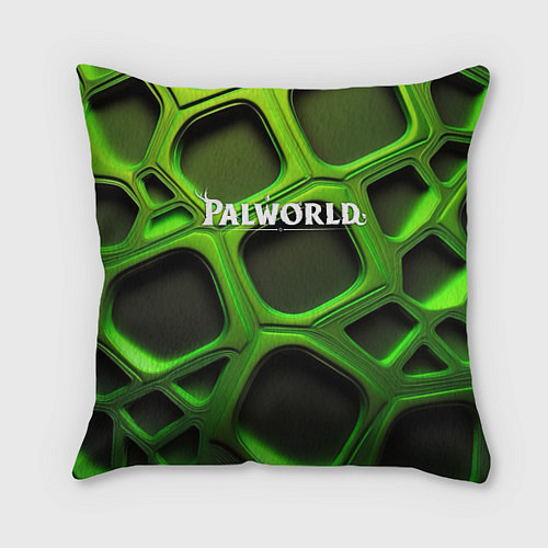 Подушка квадратная Palworld логотип на зеленой объемной абстракции / 3D-принт – фото 1