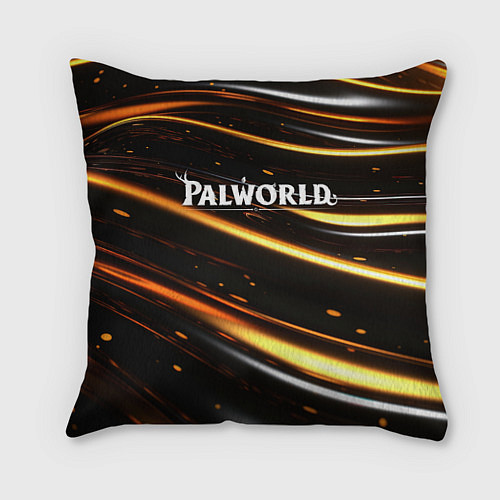 Подушка квадратная Palworld логотип золотые волны на черном / 3D-принт – фото 1