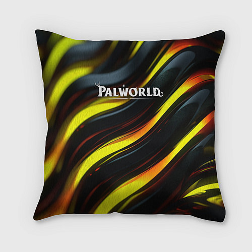 Подушка квадратная Palworld логотип золотые и черные волны / 3D-принт – фото 1