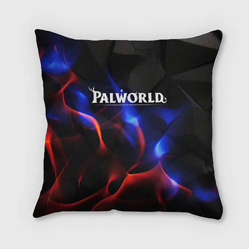 Подушка квадратная Palworld логотип на черном и фиолетовом абстракте / 3D-принт – фото 1