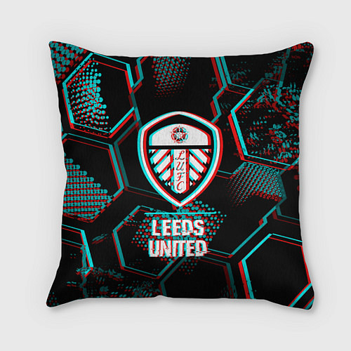 Подушка квадратная Leeds United FC в стиле glitch на темном фоне / 3D-принт – фото 1
