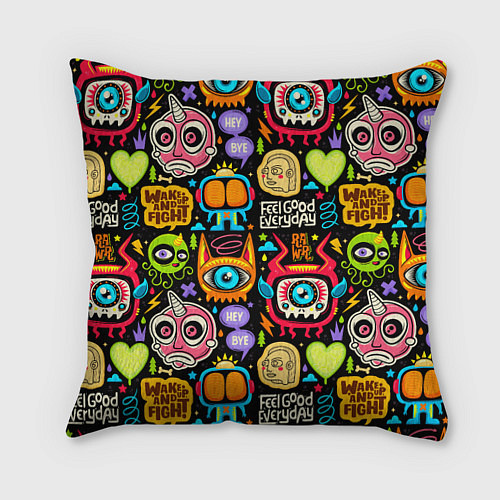 Подушка квадратная Feel good every day motivation monsters pattern / 3D-принт – фото 1