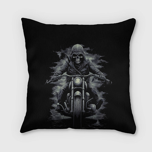 Подушка квадратная Скелет на мотоцикле черно-белый стиль / 3D-принт – фото 1