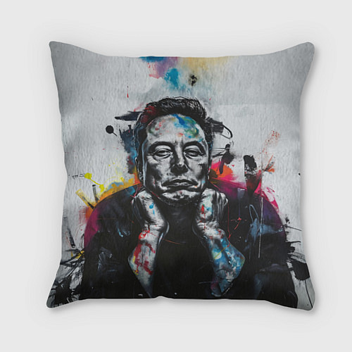 Подушка квадратная Илон Маск граффити портрет на серой стене / 3D-принт – фото 1