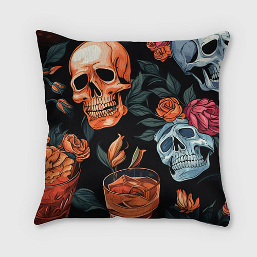 Подушка квадратная Кусты черепов с розами и пионами / 3D-принт – фото 1