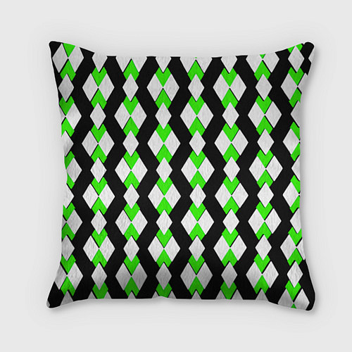 Подушка квадратная Зелёные и белые ромбы на чёрном фоне / 3D-принт – фото 1