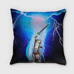 Подушка квадратная Кот-рыцарь с мечом экскалибур под молниями, цвет: 3D-принт