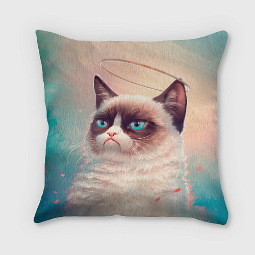 Подушка квадратная Мемный кот Grumpy Cat с нимбом / 3D-принт – фото 1