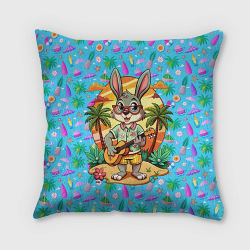 Подушка квадратная Заяц играет на гитаре жарким летом / 3D-принт – фото 1