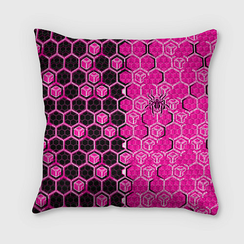 Подушка квадратная Техно-киберпанк шестиугольники розовый и чёрный с / 3D-принт – фото 1