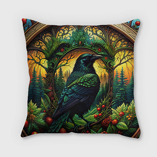 Подушка квадратная Скандинавский ворон лесной узор / 3D-принт – фото 1