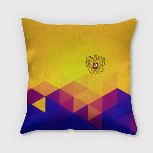 Подушка квадратная Желтая геометрия - спорт Россия с гербом / 3D-принт – фото 1
