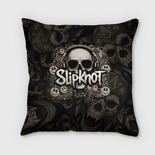 Подушка квадратная Slipknot на фоне черепа в очках и наушниках / 3D-принт – фото 1