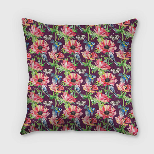 Подушка квадратная Птицы и цветы / 3D-принт – фото 1