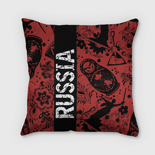 Подушка квадратная Россия на фоне матрёшек балалайки и славянских узо / 3D-принт – фото 1