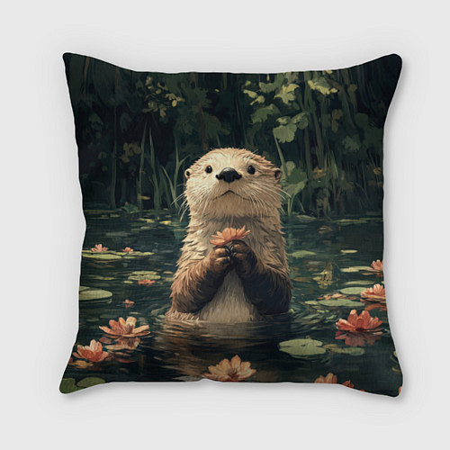 Подушка квадратная Выдра в лесном пруду / 3D-принт – фото 1