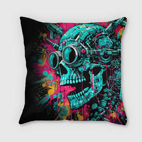 Подушка квадратная Cyber skull sketch - color blots / 3D-принт – фото 1