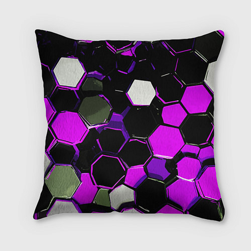 Подушка квадратная Розово-белые шестиугольники на чёрном фоне / 3D-принт – фото 1