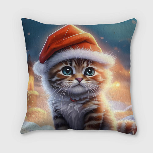 Подушка квадратная Новогодний котенок в шапочке / 3D-принт – фото 1