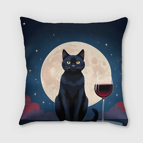 Подушка квадратная Кот с вином под луной / 3D-принт – фото 1