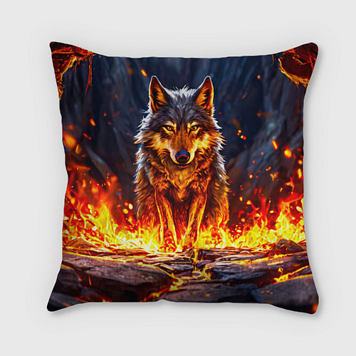 Подушка квадратная Волк в огненной пещере / 3D-принт – фото 1