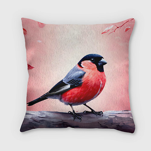 Подушка квадратная Снегирь на розовом / 3D-принт – фото 1
