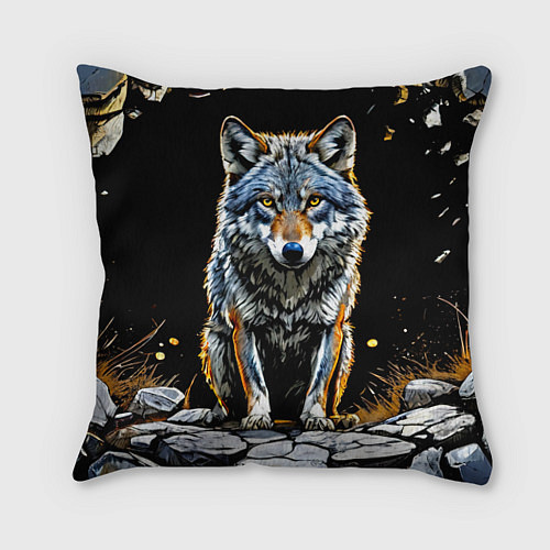 Подушка квадратная Волк на черном / 3D-принт – фото 1