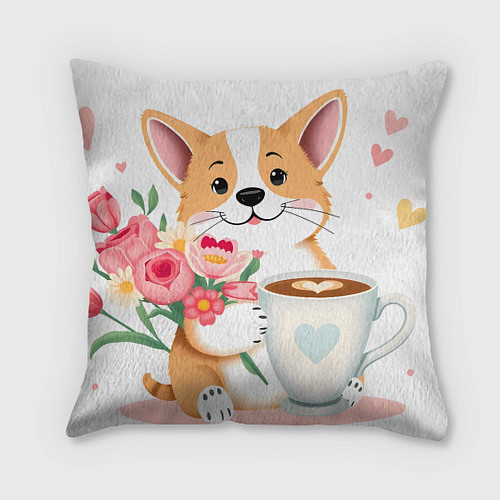 Подушка квадратная Поздравляющий корги с цветами / 3D-принт – фото 1