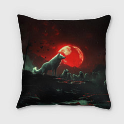 Подушка квадратная Белый волк на фоне красной луны, цвет: 3D-принт