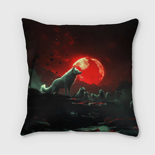 Подушка квадратная Белый волк на фоне красной луны / 3D-принт – фото 1