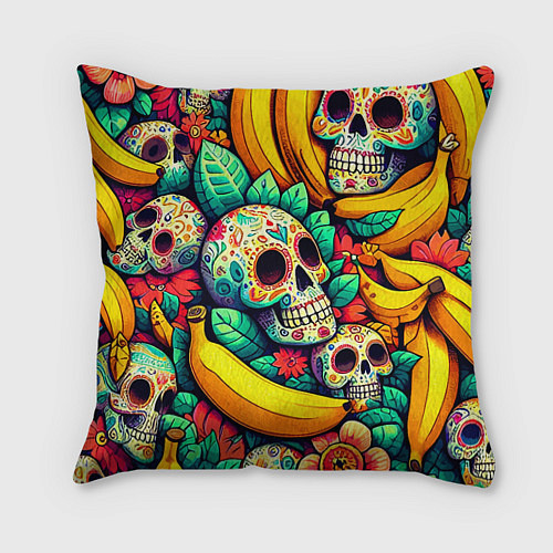 Подушка квадратная Паттерн из черепов и бананов - нейроарт / 3D-принт – фото 1